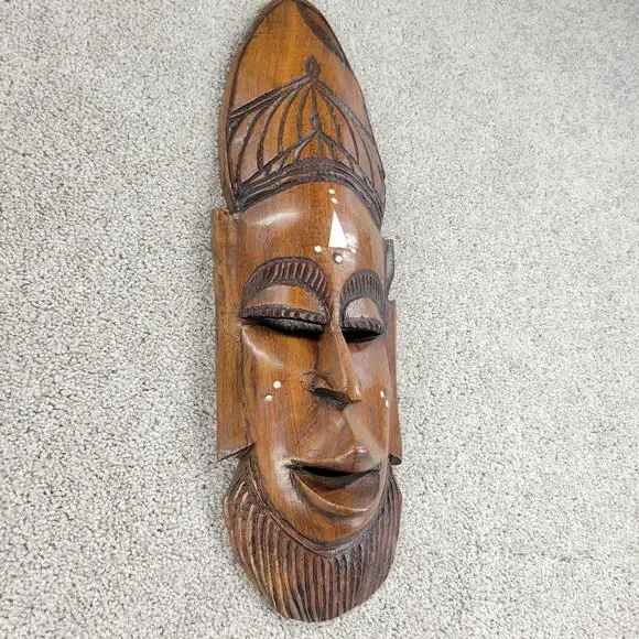 Vintage African Tribal Mask 19" Wood Hand Carved Face Natural Inlaid Art Decor